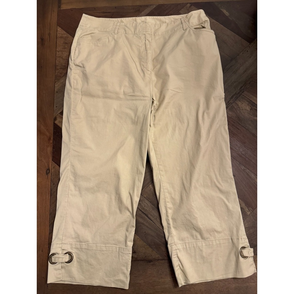 Ruby Rd Khaki Capri‎ Flat Front Pants Cotton Spandex Size 12 Tan